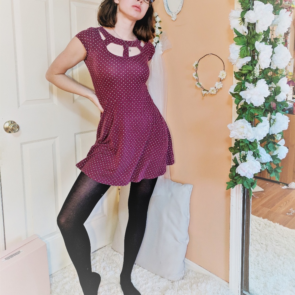 Cranberry polka dot dress with a cutout collar